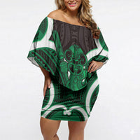 Kakariki Aotearoa Atua Tumatauenga Personalised Off Shoulder Short Dress Maori God Of War Tiki With Taiaha LT14 Women Green - Polynesian Pride