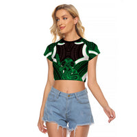 Kakariki Aotearoa Atua Tumatauenga Personalised Raglan Cropped T Shirt Maori God Of War Tiki With Taiaha LT14 Female Green - Polynesian Pride