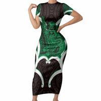Kakariki Aotearoa Atua Tumatauenga Personalised Short Sleeve Bodycon Dress Maori God Of War Tiki With Taiaha LT14 Long Dress Green - Polynesian Pride