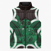 Kakariki Aotearoa Atua Tumatauenga Personalised Sleeveless Puffer Jacket Maori God Of War Tiki With Taiaha LT14 Unisex Green - Polynesian Pride