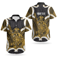 Kowhai Aotearoa Atua Tumatauenga Personalised Couples Matching Short Sleeve Bodycon Dress and Hawaiian Shirt Maori God Of War Tiki With Taiaha LT14 - Polynesian Pride