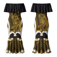 Kowhai Aotearoa Atua Tumatauenga Personalised Family Matching Mermaid Dress and Hawaiian Shirt Maori God Of War Tiki With Taiaha LT14 Mom's Dress Yellow - Polynesian Pride