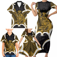 Kowhai Aotearoa Atua Tumatauenga Personalised Family Matching Short Sleeve Bodycon Dress and Hawaiian Shirt Maori God Of War Tiki With Taiaha LT14 - Polynesian Pride