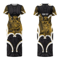 Kowhai Aotearoa Atua Tumatauenga Personalised Family Matching Short Sleeve Bodycon Dress and Hawaiian Shirt Maori God Of War Tiki With Taiaha LT14 Mom's Dress Yellow - Polynesian Pride