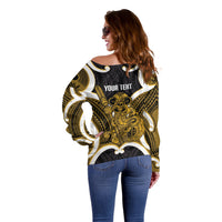 Kowhai Aotearoa Atua Tumatauenga Personalised Off Shoulder Sweater Maori God Of War Tiki With Taiaha LT14 - Polynesian Pride