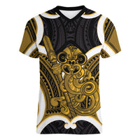 Kowhai Aotearoa Atua Tumatauenga Personalised Women V-Neck T-Shirt Maori God Of War Tiki With Taiaha LT14 Female Yellow - Polynesian Pride