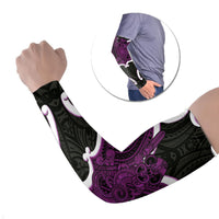 Waiporoporo Aotearoa Atua Tumatauenga Personalised Arm Sleeves Maori God Of War Tiki With Taiaha LT14 Set of 2 Purple - Polynesian Pride