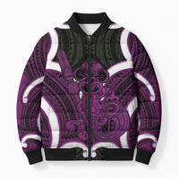 Waiporoporo Aotearoa Atua Tumatauenga Personalised Bomber Puffer Jacket Maori God Of War Tiki With Taiaha LT14 Unisex Purple - Polynesian Pride