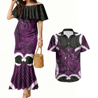 Waiporoporo Aotearoa Atua Tumatauenga Personalised Couples Matching Mermaid Dress and Hawaiian Shirt Maori God Of War Tiki With Taiaha LT14 Purple - Polynesian Pride