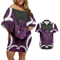 Waiporoporo Aotearoa Atua Tumatauenga Personalised Couples Matching Off Shoulder Short Dress and Hawaiian Shirt Maori God Of War Tiki With Taiaha LT14 Purple - Polynesian Pride