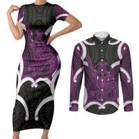 Waiporoporo Aotearoa Atua Tumatauenga Personalised Couples Matching Short Sleeve Bodycon Dress and Long Sleeve Button Shirt Maori God Of War Tiki With Taiaha LT14 Purple - Polynesian Pride