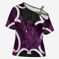 Waiporoporo Aotearoa Atua Tumatauenga Personalised Cross Shoulder Shirt Maori God Of War Tiki With Taiaha LT14 Female Purple - Polynesian Pride