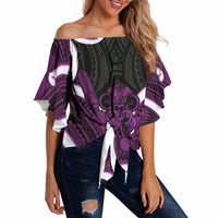 Waiporoporo Aotearoa Atua Tumatauenga Personalised Off Shoulder Wrap Waist Top Maori God Of War Tiki With Taiaha LT14 Purple - Polynesian Pride