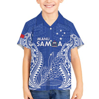 Custom Manu Samoa Rugby 2024 Family Matching Off The Shoulder Long Sleeve Dress and Hawaiian Shirt Go Champions Samoan Tattoo LT14 Son's Shirt Blue - Polynesian Pride
