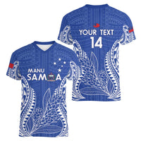 Custom Manu Samoa Rugby 2024 Women V-Neck T-Shirt Go Champions Samoan Tattoo