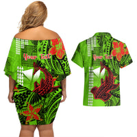 Personalised Hawaii Christmas Couples Matching Off Shoulder Short Dress and Hawaiian Shirt Mele Kalikimaka Kakau Polynesian Shark Tattoo LT14 - Polynesian Pride