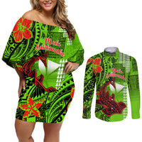 Personalised Hawaii Christmas Couples Matching Off Shoulder Short Dress and Long Sleeve Button Shirts Mele Kalikimaka Kakau Polynesian Shark Tattoo LT14 Green - Polynesian Pride