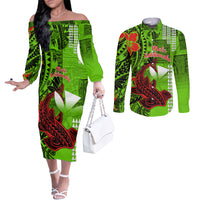 Personalised Hawaii Christmas Couples Matching Off The Shoulder Long Sleeve Dress and Long Sleeve Button Shirts Mele Kalikimaka Kakau Polynesian Shark Tattoo LT14 Green - Polynesian Pride