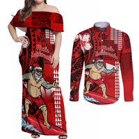 Personalised Hawaii Christmas Couples Matching Off Shoulder Maxi Dress and Long Sleeve Button Shirts Mele Kalikimaka Surfing Santa Claus LT14 Red - Polynesian Pride
