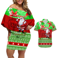 Personalised Hawaii Christmas Couples Matching Off Shoulder Short Dress and Hawaiian Shirt Mele Kalikimaka Hawaiian Santa Tropical Vibes LT14 Red - Polynesian Pride