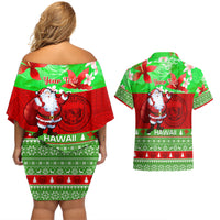 Personalised Hawaii Christmas Couples Matching Off Shoulder Short Dress and Hawaiian Shirt Mele Kalikimaka Hawaiian Santa Tropical Vibes LT14 - Polynesian Pride