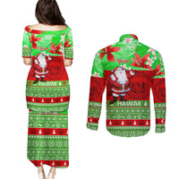 Personalised Hawaii Christmas Couples Matching Puletasi Dress and Long Sleeve Button Shirts Mele Kalikimaka Hawaiian Santa Tropical Vibes LT14 - Polynesian Pride