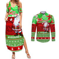 Personalised Hawaii Christmas Couples Matching Summer Maxi Dress and Long Sleeve Button Shirts Mele Kalikimaka Hawaiian Santa Tropical Vibes LT14 Red - Polynesian Pride