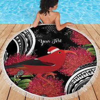 Personalized Mele Kalikimaka Hawaii Beach Blanket I'iwi Bird With Ohia Lehua - Black Color