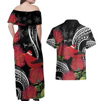 Personalized Mele Kalikimaka Hawaii Couples Matching Off Shoulder Maxi Dress and Hawaiian Shirt I'iwi Bird With Ohia Lehua - Black Color