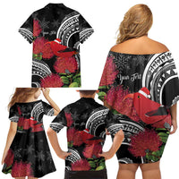 Personalized Mele Kalikimaka Hawaii Family Matching Off Shoulder Short Dress and Hawaiian Shirt I'iwi Bird With Ohia Lehua - Black Color