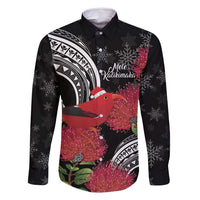 Personalized Mele Kalikimaka Hawaii Family Matching Summer Maxi Dress and Hawaiian Shirt I'iwi Bird With Ohia Lehua - Black Color LT14 Dad's Shirt - Long Sleeve Black - Polynesian Pride