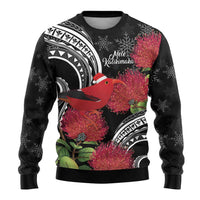 Personalized Mele Kalikimaka Hawaii Ugly Christmas Sweater I'iwi Bird With Ohia Lehua - Black Color LT14 - Polynesian Pride