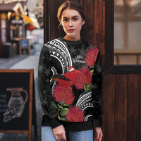 Personalized Mele Kalikimaka Hawaii Ugly Christmas Sweater I'iwi Bird With Ohia Lehua - Black Color LT14 - Polynesian Pride