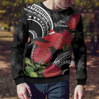 Personalized Mele Kalikimaka Hawaii Ugly Christmas Sweater I'iwi Bird With Ohia Lehua - Black Color LT14 - Polynesian Pride
