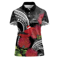 Personalized Mele Kalikimaka Hawaii Women Polo Shirt I'iwi Bird With Ohia Lehua - Black Color LT14 Female Black - Polynesian Pride