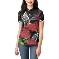 Personalized Mele Kalikimaka Hawaii Women Polo Shirt I'iwi Bird With Ohia Lehua - Black Color LT14 - Polynesian Pride
