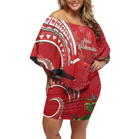 Personalized Mele Kalikimaka Hawaii Family Matching Off Shoulder Short Dress and Hawaiian Shirt I'iwi Bird With Ohia Lehua - Red Color