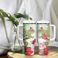 Pastel Green Hawaii Chameleon Christmas Tumbler With Handle Mele Kalikimaka Kakau - Watercolor