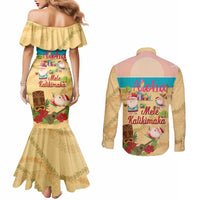 Aloha Hawaii Mele Kalikimaka Couples Matching Mermaid Dress and Long Sleeve Button Shirt Beachy Funny Santa Hawaiian Lei - Polynesian Pride