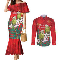 New Zealand Kakapo Christmas Couples Matching Mermaid Dress and Long Sleeve Button Shirt Owl Parrot Santa Sliver Fern Manuka - Red - Polynesian Pride
