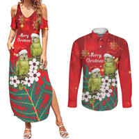 New Zealand Kakapo Christmas Couples Matching Summer Maxi Dress and Long Sleeve Button Shirt Owl Parrot Santa Sliver Fern Manuka - Red - Polynesian Pride