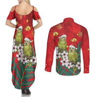New Zealand Kakapo Christmas Couples Matching Summer Maxi Dress and Long Sleeve Button Shirt Owl Parrot Santa Sliver Fern Manuka - Red - Polynesian Pride