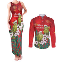 New Zealand Kakapo Christmas Couples Matching Tank Maxi Dress and Long Sleeve Button Shirt Owl Parrot Santa Sliver Fern Manuka - Red - Polynesian Pride