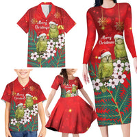 New Zealand Kakapo Christmas Family Matching Long Sleeve Bodycon Dress and Hawaiian Shirt Owl Parrot Santa Sliver Fern Manuka - Red - Polynesian Pride