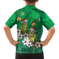 New Zealand Kakapo Christmas Family Matching Off The Shoulder Long Sleeve Dress and Hawaiian Shirt Owl Parrot Santa Sliver Fern Manuka - Green - Polynesian Pride