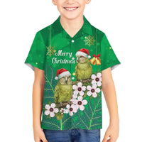 New Zealand Kakapo Christmas Family Matching Off The Shoulder Long Sleeve Dress and Hawaiian Shirt Owl Parrot Santa Sliver Fern Manuka - Green - Polynesian Pride