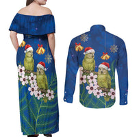 New Zealand Kakapo Christmas Couples Matching Off Shoulder Maxi Dress and Long Sleeve Button Shirt Owl Parrot Santa Sliver Fern Manuka - Blue - Polynesian Pride