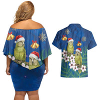 New Zealand Kakapo Christmas Couples Matching Off Shoulder Short Dress and Hawaiian Shirt Owl Parrot Santa Sliver Fern Manuka - Blue - Polynesian Pride