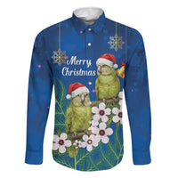 New Zealand Kakapo Christmas Family Matching Mermaid Dress and Hawaiian Shirt Owl Parrot Santa Sliver Fern Manuka - Blue LT14 Dad's Shirt - Long Sleeve Blue - Polynesian Pride
