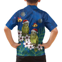 New Zealand Kakapo Christmas Family Matching Off The Shoulder Long Sleeve Dress and Hawaiian Shirt Owl Parrot Santa Sliver Fern Manuka - Blue LT14 - Polynesian Pride